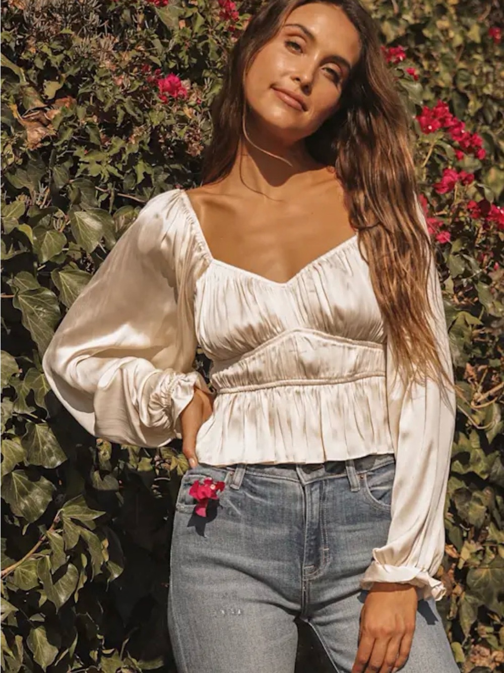 Sophisticate Cream Satin Ruched Long Sleeve Top